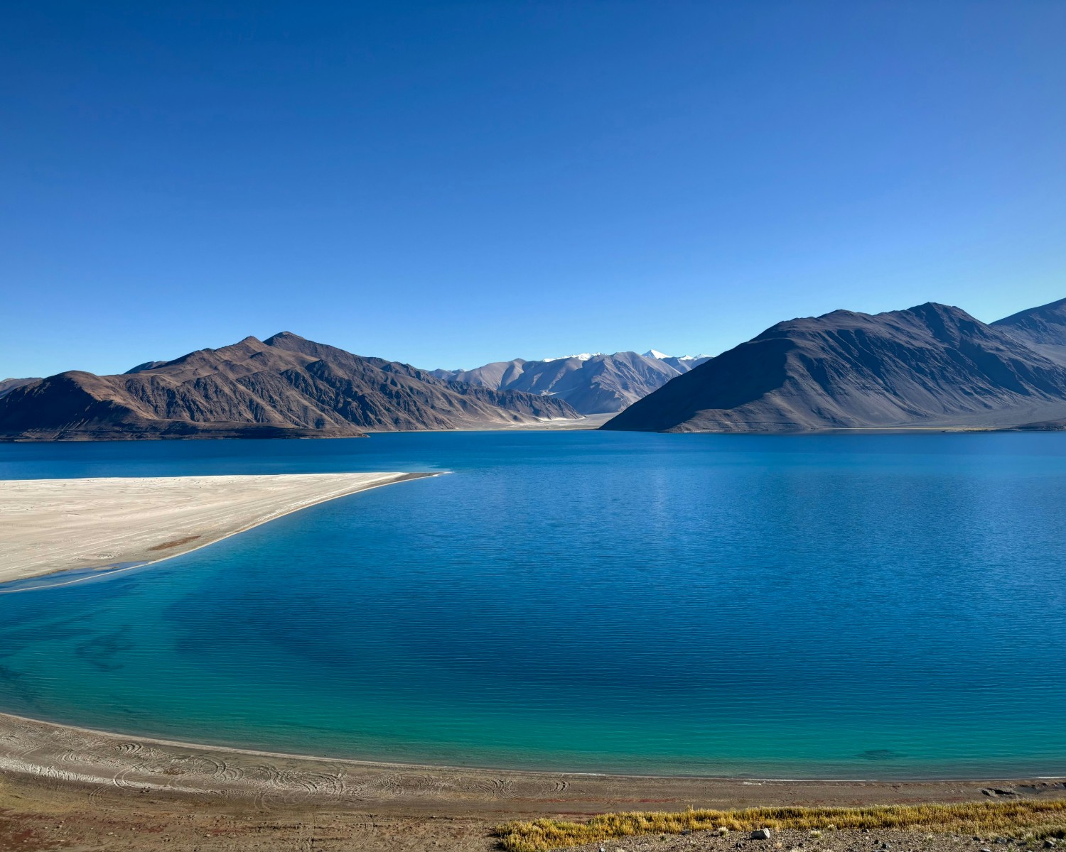 Pangong Tso's impossibly blue waters at mid-day