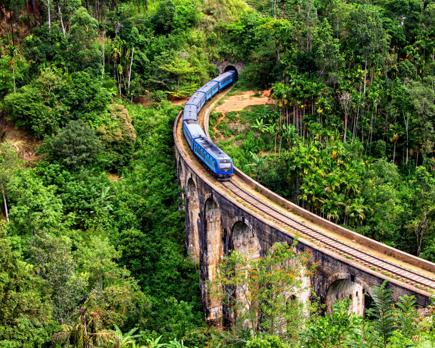 Blue train crossing the Nine Arches Bridge near Ella